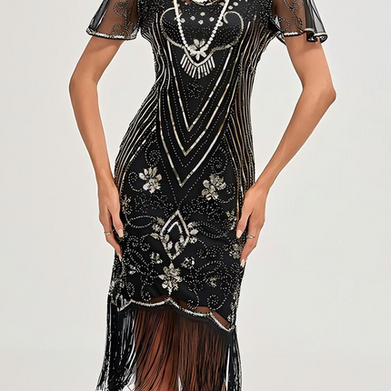 Onbely mi-longue robe brillante paillette frange cocktail vintage