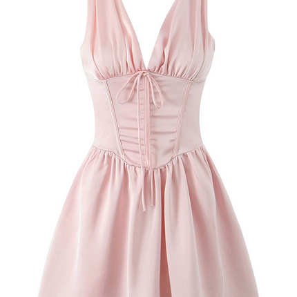 Onbely Robe Courte noeud papillon V-col Sans Manches doux Rose