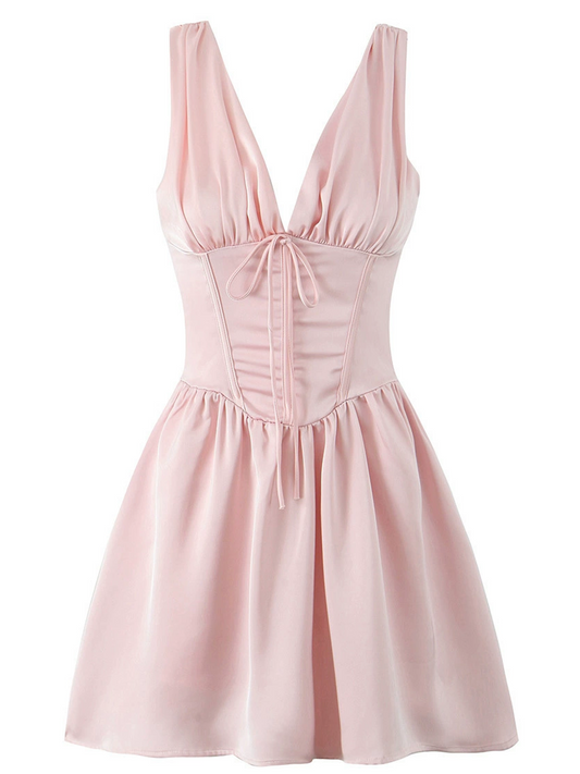 Onbely Robe Courte noeud papillon V-col Sans Manches doux Rose