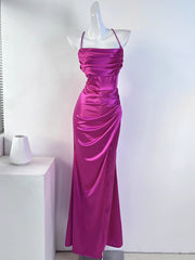 Onbely Long Satin Evening Dress Side Slit Open Back &amp; Thin Straps for Elegant Events