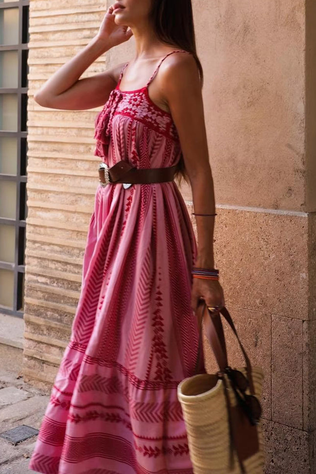 Onbely robe longue trapèze rose rayé dos nu à fines brides bohème élégant vacances tous les jours-boho dress
