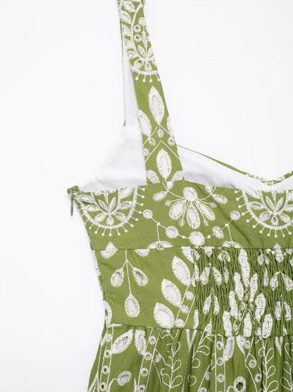 Onbely robe de soirée longue brodée motif cachemire vert sans manches à fines brides pour bal et plage