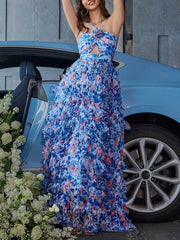 Onbely Blue Floral Print Chiffon Backless Maxi Long Evening Dress for Wedding