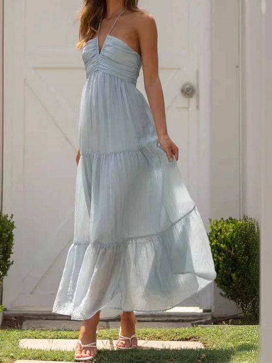 Onbely Robe Longue à volantée Licou Dos Nu Chic Vacances