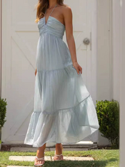 Onbely Robe Longue Femme Dos Nu Col V Bretelles Fines Style Bohème Chic Plissée Plage Vacances Soirée Mariage