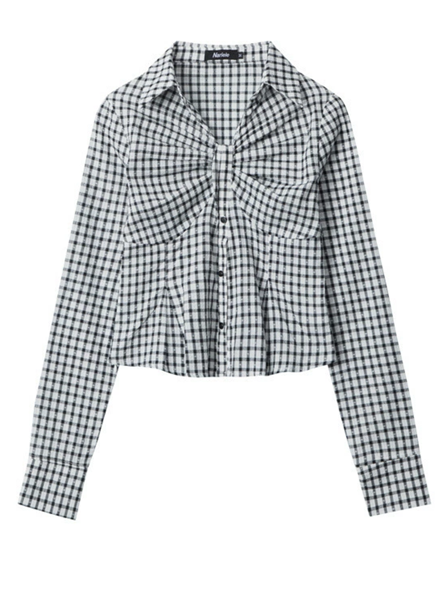 Onbely Women's Casual Plaid Shirt with Ruched Detail