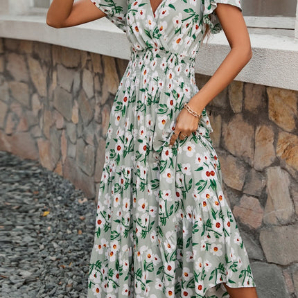 Onbely robe longue fleurs col en V manches courtes mode vacances tous les jours boho dress
