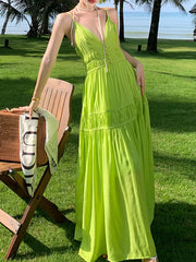 Onbely maxi long beach evening dress with thin green straps for a wedding ceremony for women