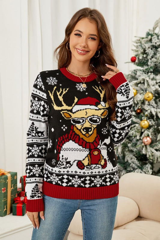 Pull de Noël à col rond, manches longues, motif de Noël