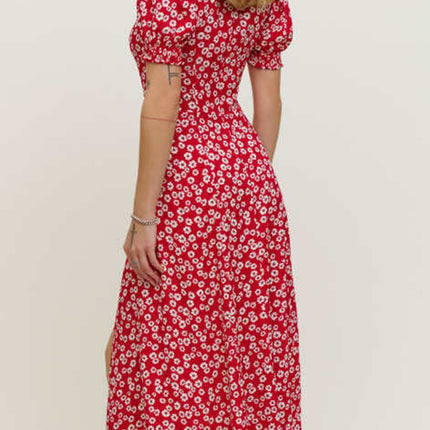 Onbely mi-longue robe imprimé à fleurie fendu le côté manches bouffantes vacances rouge