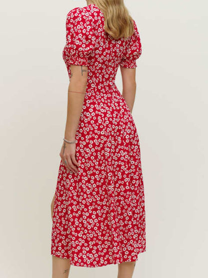Onbely mi-longue robe imprimé à fleurie fendu le côté manches bouffantes vacances rouge