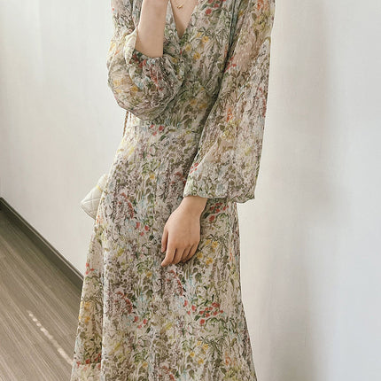 Onbely robe longue imprimé à fleurie manches longues élégant - onbely