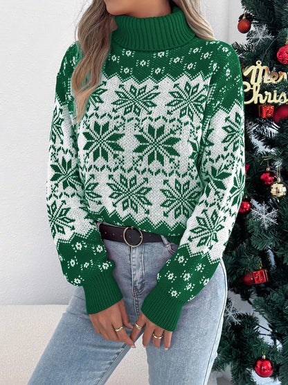 Pull de Noël à col roulé, manches longues et motif flocon de neige