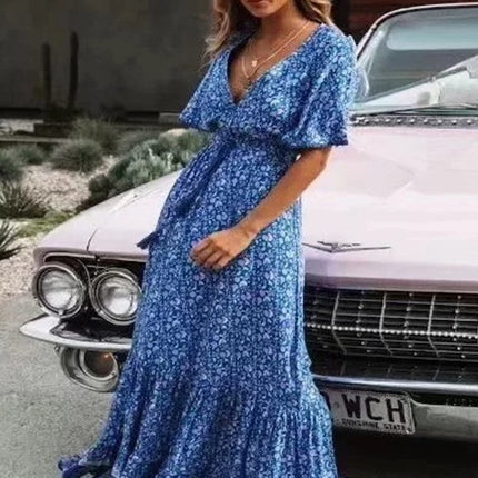 Onbely robe longue fleurs plissé col en V manches courtes bohème vacances plage boho dress