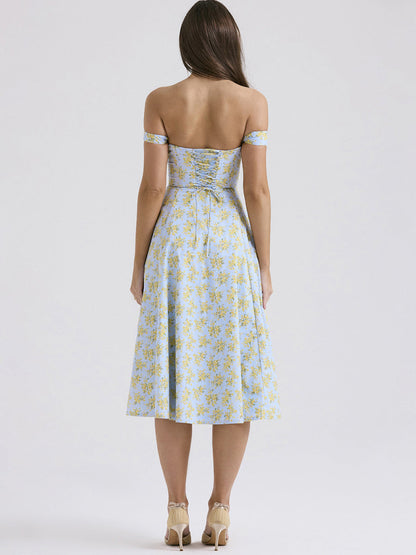 Onbely mi-longue robe trapèze imprimé à fleurie fendu le côté bustier dos nu à fines brides doux vacances tous les jours