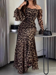 Onbely robe longue en mousseline imprimé léopard épaules dénudées col licou dos nu manches longues évasées femme élégante pour bal de promo