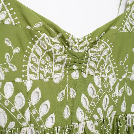 Onbely robe de soirée longue brodée motif cachemire vert sans manches à fines brides pour bal et plage -boho dress