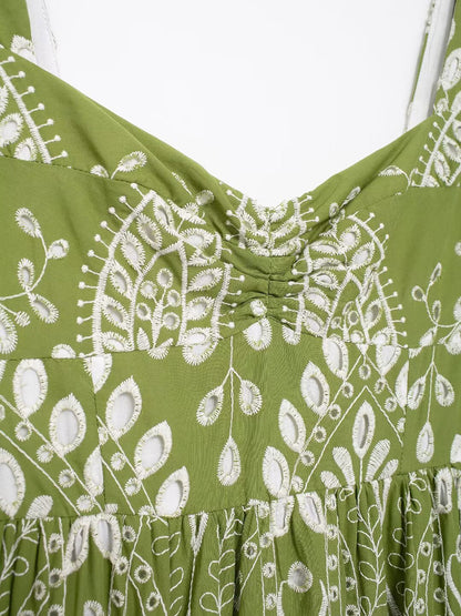 Onbely robe de soirée longue brodée motif cachemire vert sans manches à fines brides pour bal et plage