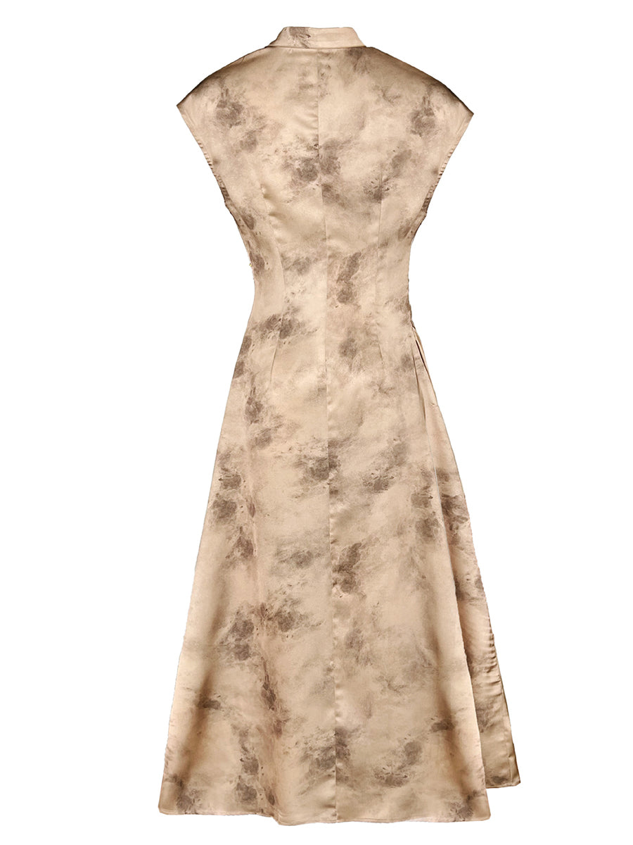 Onbely Cheongsam Qipao Satin Dorée Élégant Sans Manches