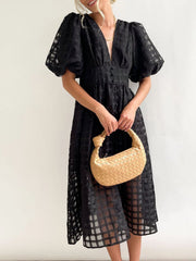 Onbely Plaid Midi Dress with V Neck and Puff Sleeves