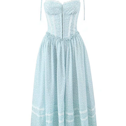 Onbely mi-longue robe imprimé à fleurie dentelle à fines brides Chic cocktail Bleu