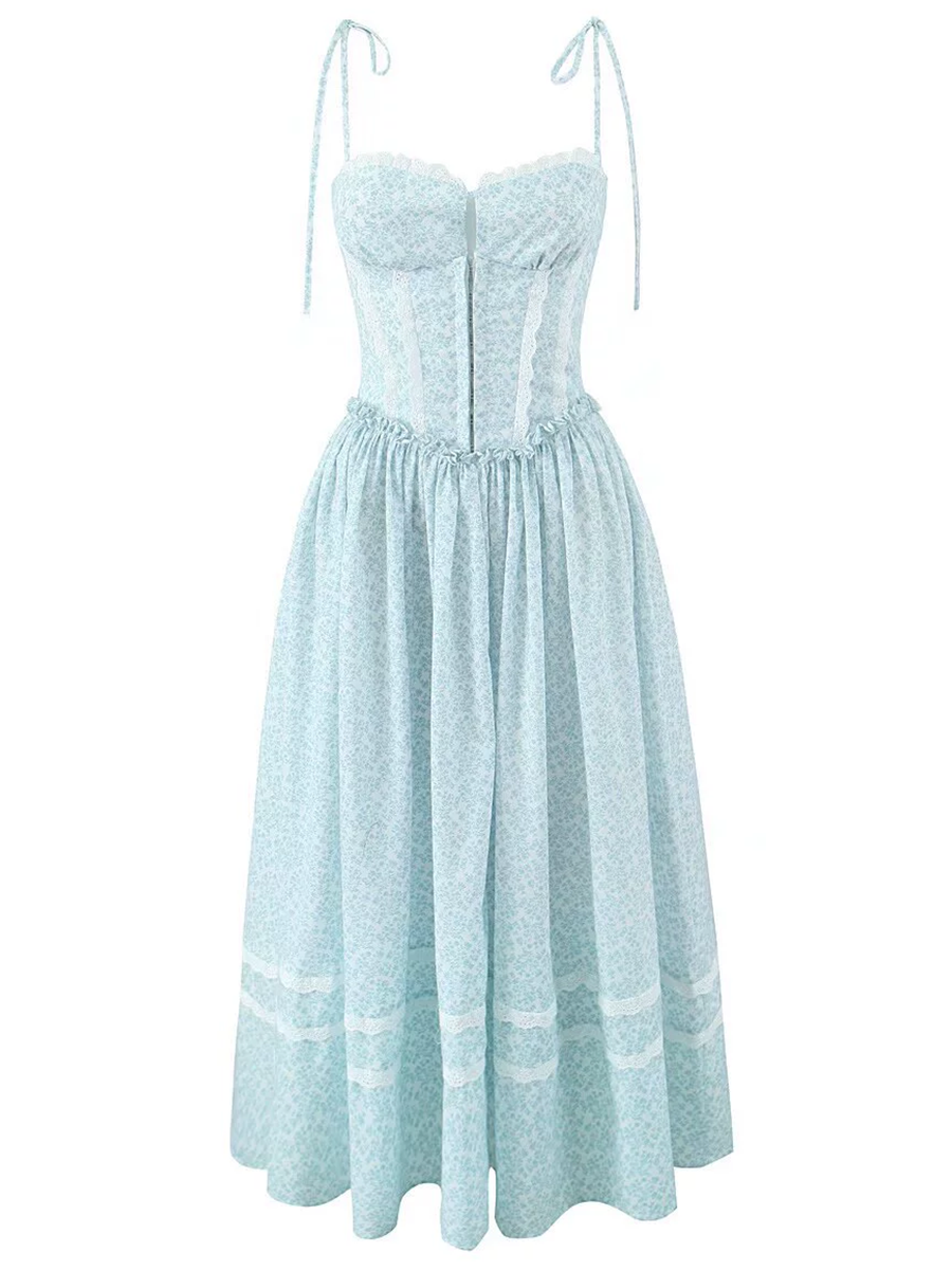 Onbely mi-longue robe imprimé à fleurie dentelle à fines brides Chic cocktail Bleu