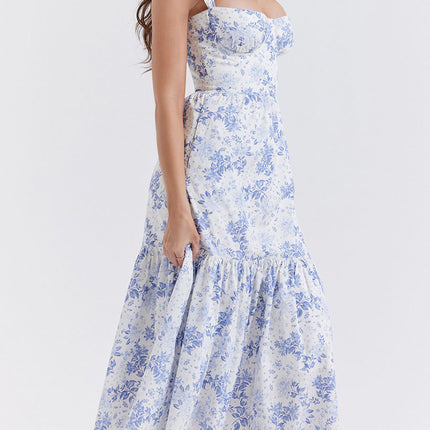 Onbely robe de soirée Mi-Longue Imprimée à Fleurs à Fines Brides pour Bal de Promo