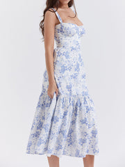 Onbely Floral Printed Spaghetti Straps Prom Midi Evening Dress