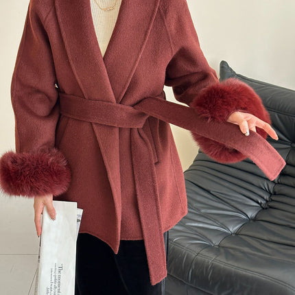 Onbely manteau en laine courte fausse fourrure avec ceinture pour femme