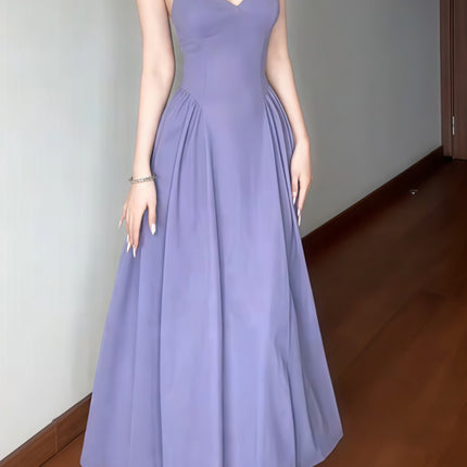 Onbely robe longue trapèze unicolore dos nu v-cou élégant bal de promo