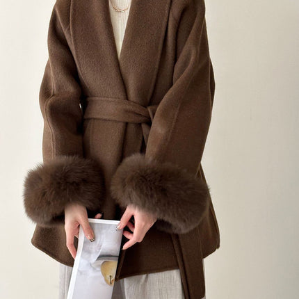 Onbely manteau en laine courte fausse fourrure avec ceinture pour femme