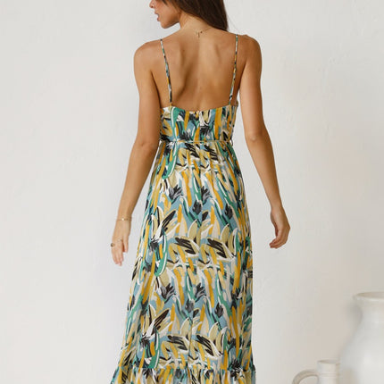 Onbely mi-longue robe imprimé à fleurie dos nu à fines brides col en V doux mode tous les jours vacances boho dress