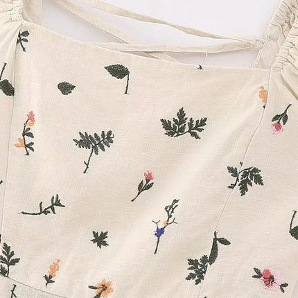 Onbely mi-longue robe fendu le côté lin brodée dos nu bretelle col carré décontracté