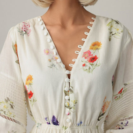 Onbely robe longue trapèze imprimé à fleurie col en V manches longues taille marquée élégant mode tous les jours