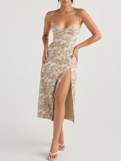Onbely mi-longue robe imprimé à fleurie fendu le côté à fines brides - onbely