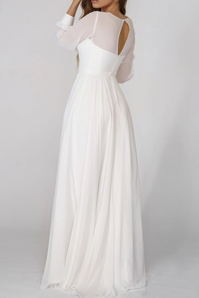 Onbely robe de soirée longue trapèze unicolore mousseline fendu le côté col en V manches longues taille marquée élégant tous les jours cérémonie