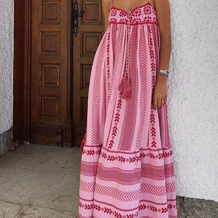 Onbely robe longue trapèze rose rayé dos nu à fines brides bohème élégant vacances tous les jours-boho dress