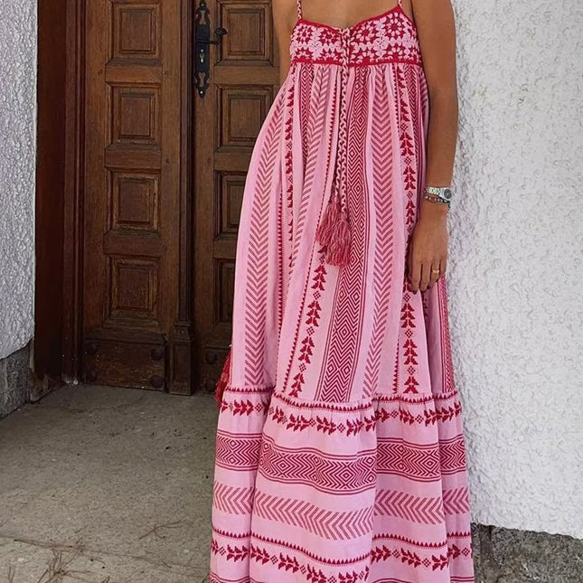 Onbely robe longue trapèze rose rayé dos nu à fines brides bohème élégant vacances tous les jours-boho dress