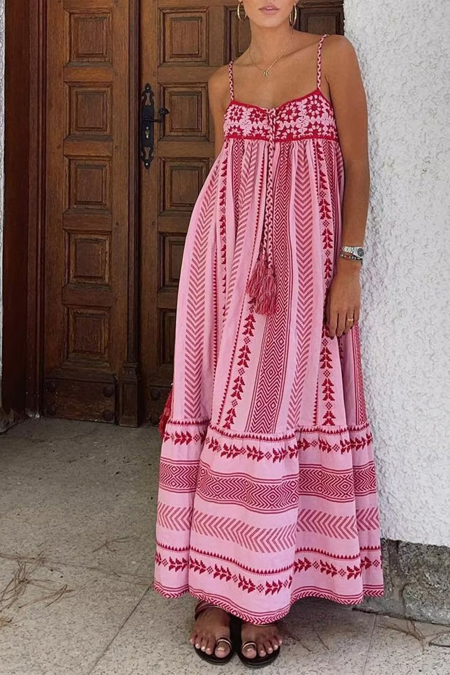 Onbely robe longue trapèze rose rayé dos nu à fines brides bohème élégant vacances tous les jours-boho dress