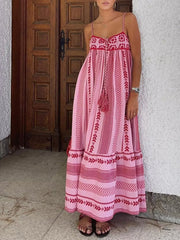 Onbely raspberry pink boho long crochet evening dress with thin straps