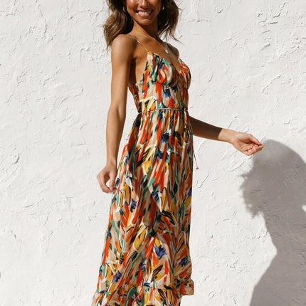 Onbely mi-longue robe imprimé à fleurie dos nu à fines brides col en V doux mode tous les jours vacances boho dress