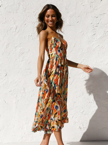 Onbely mi-longue robe imprimé à fleurie dos nu à fines brides col en V doux mode tous les jours vacances
