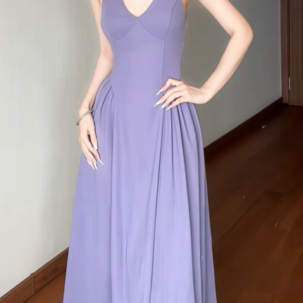 Onbely robe longue trapèze unicolore dos nu v-cou élégant bal de promo