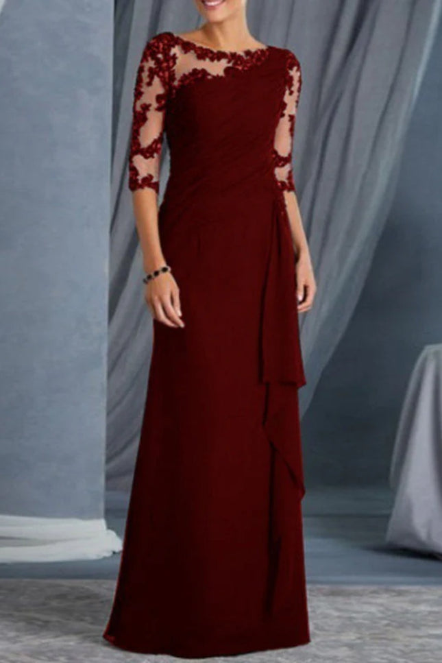 Onbely Volantée Robe en Dentelle Longue Transparent de Soirée avec Col Rond