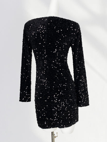 Onbely robe courte moulante velours brillante paillette Col en V cocktail