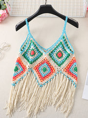 Onbely Bohemian Crochet Tank Top with Decorative Fringe for Vacation and Beach