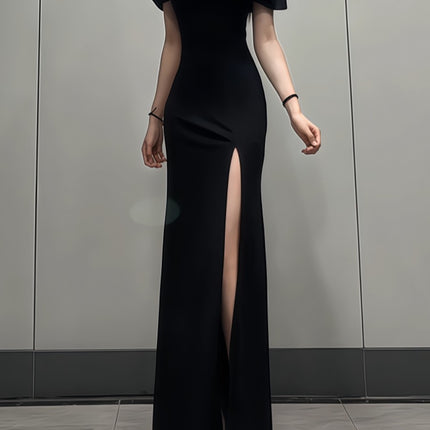 Onbely robe longue fendu col bateau élégant mode soirée noir