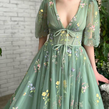 Onbely robe maxi longue tulle brodée manches bouffantes vert - onbely