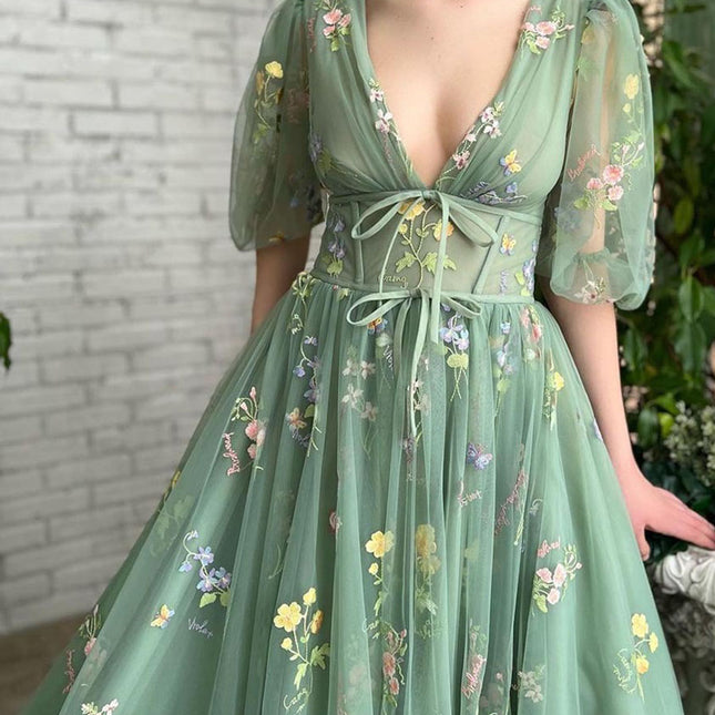 Onbely robe maxi longue tulle brodée manches bouffantes vert - onbely