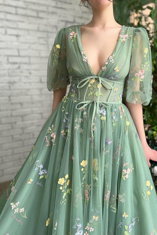 Onbely robe maxi longue tulle brodée manches bouffantes vert - onbely